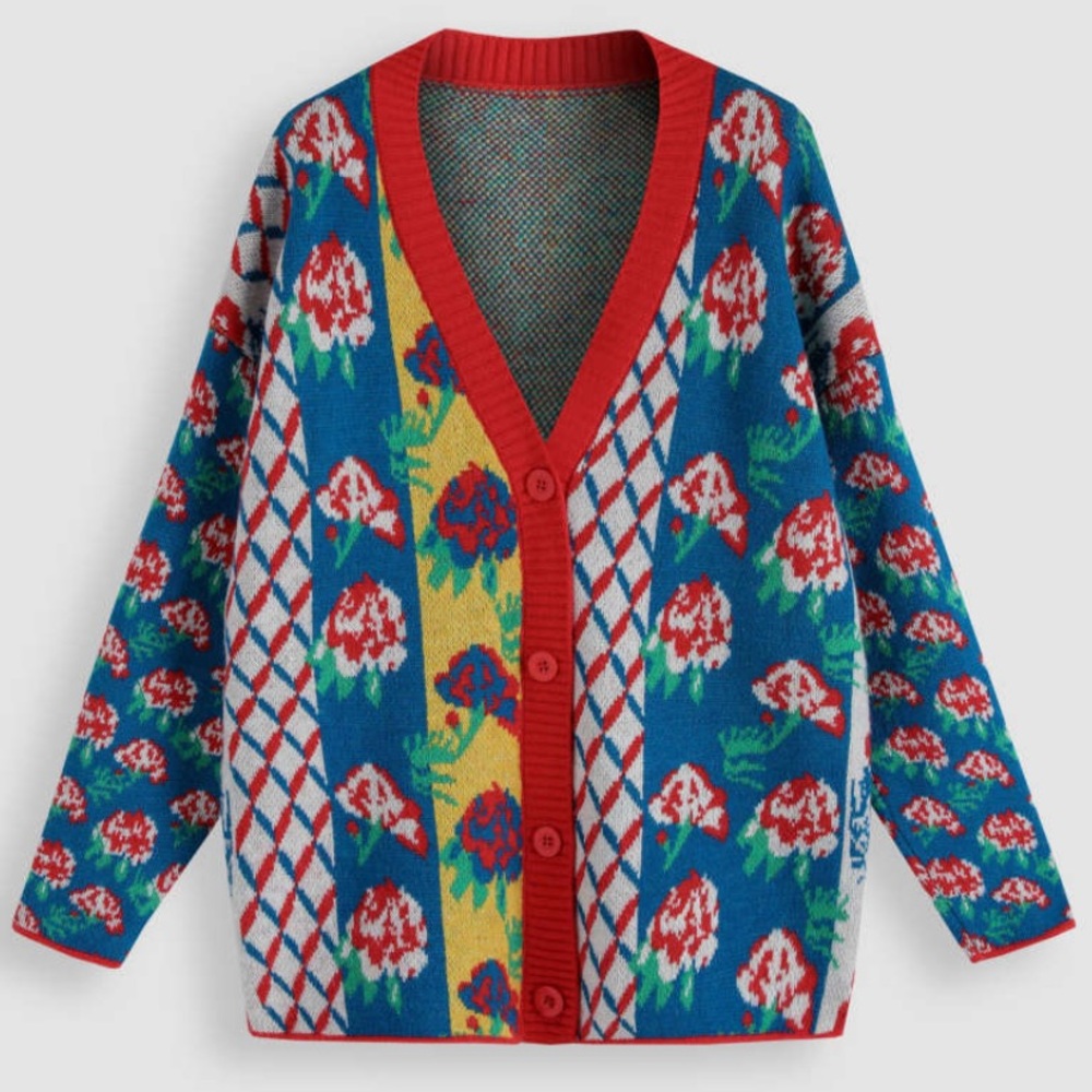 Cider Rose Patchy Vibrant Multicolor Knit Oversize V-Neck Cardigan Sweater S EUC